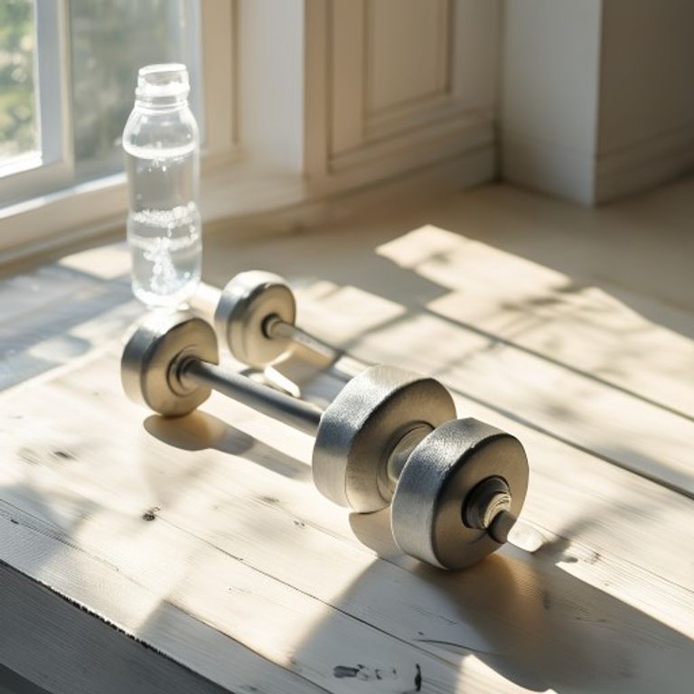 Home exercise equipment Dumbbells and water bottle on wooden floor