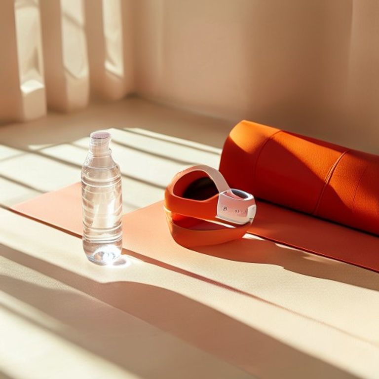 Tracking workout progress Fitness tracker and water bottle on exercise mat