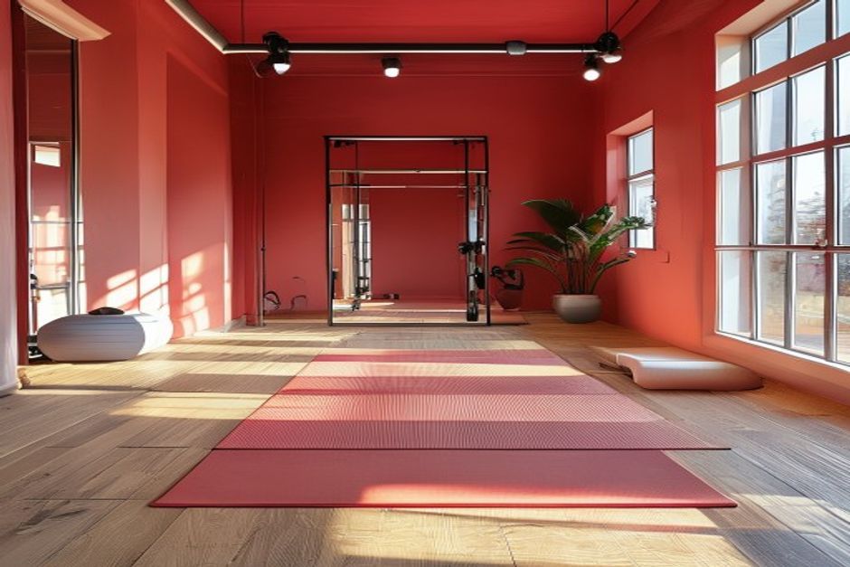 Organised home workout space Clean minimalist home gym setup with mirror and mat