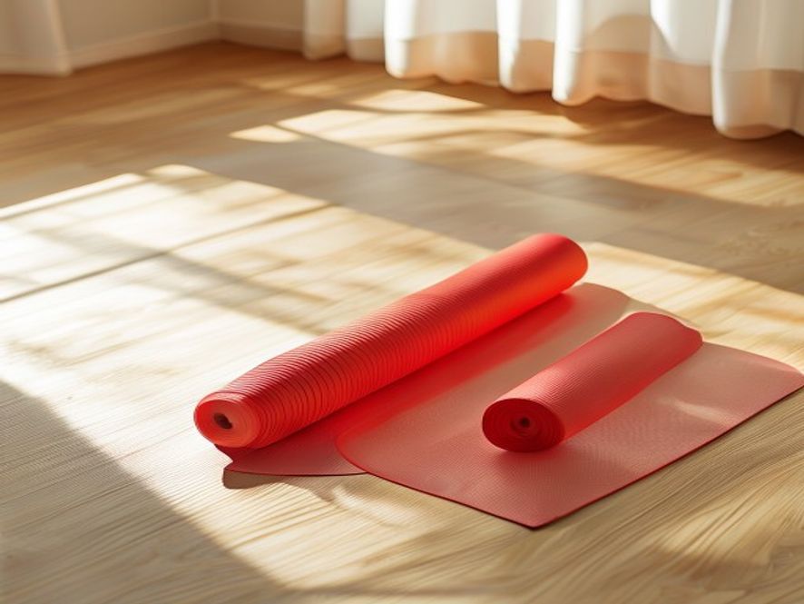 Foam roller and stretching strap on yoga mat